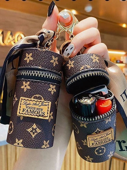 Khaki Mini Cylinder Lipstick Case Keychain with Silk Scarf Charm PU Leather Coin Purse Bag Pendant for Earphones Keys Vintage Floral Pattern Kemu |Fashion Home Kitchen Beauty