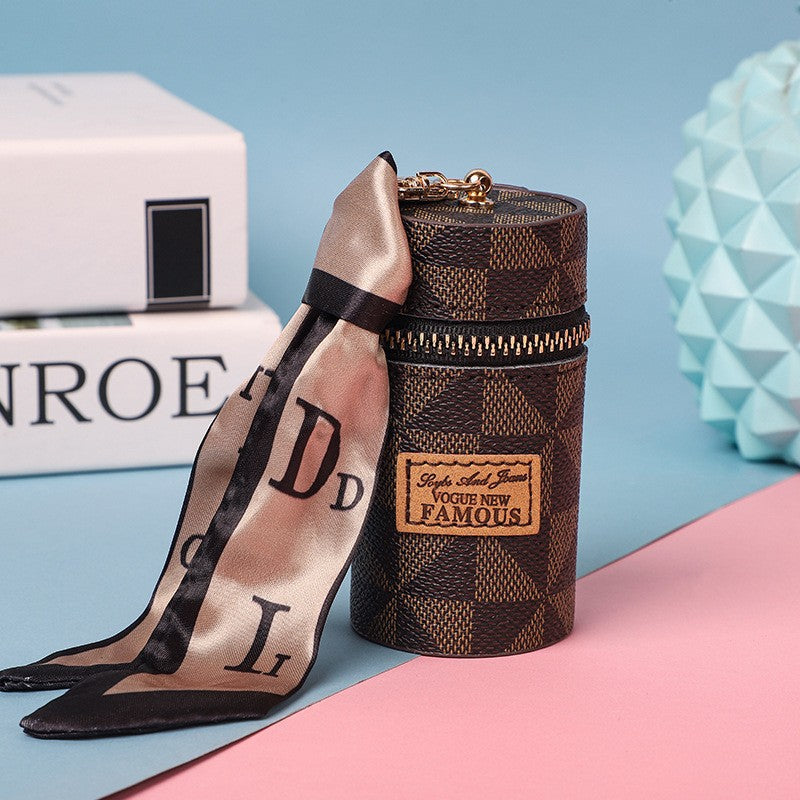Women's Mini Cylinder Lipstick Case Keychain Brown Geometric Triangle Pattern Coin Purse with Silk Scarf Bag Charm for Earphones Keys Kemu |Fashion Home Kitchen Beauty
