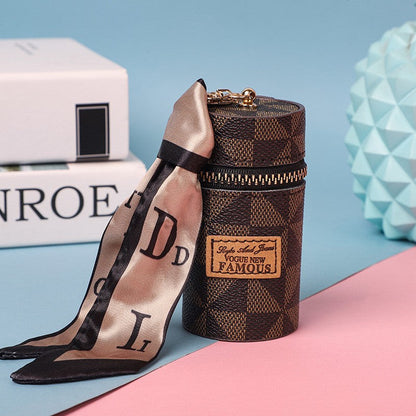 Women's Mini Cylinder Lipstick Case Keychain Brown Geometric Triangle Pattern Coin Purse with Silk Scarf Bag Charm for Earphones Keys Kemu |Fashion Home Kitchen Beauty