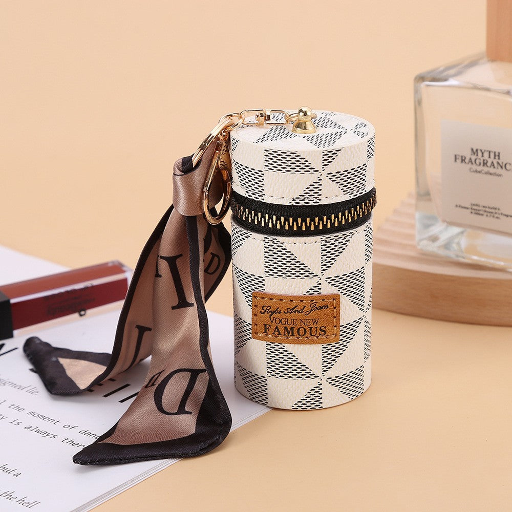 Women's Mini Cylinder Lipstick Case Keychain White Geometric Triangle Pattern Coin Purse with Silk Scarf Bag Charm for Earphones Keys Kemu |Fashion Home Kitchen Beauty
