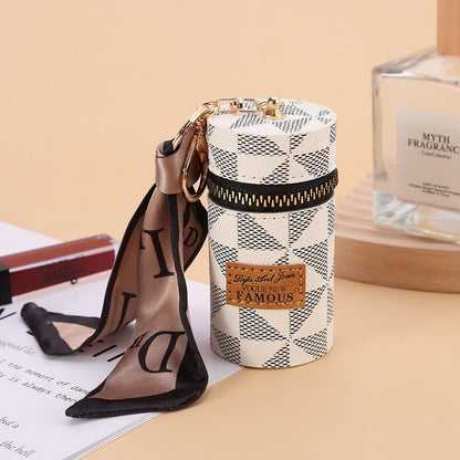 Women's Mini Cylinder Lipstick Case Keychain White Geometric Triangle Pattern Coin Purse with Silk Scarf Bag Charm for Earphones Keys Kemu |Fashion Home Kitchen Beauty