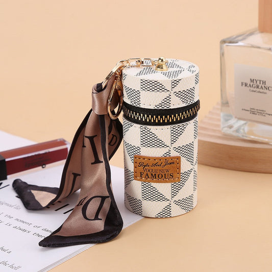 Women's Mini Cylinder Lipstick Case Keychain White Geometric Triangle Pattern Coin Purse with Silk Scarf Bag Charm for Earphones Keys Kemu |Fashion Home Kitchen Beauty