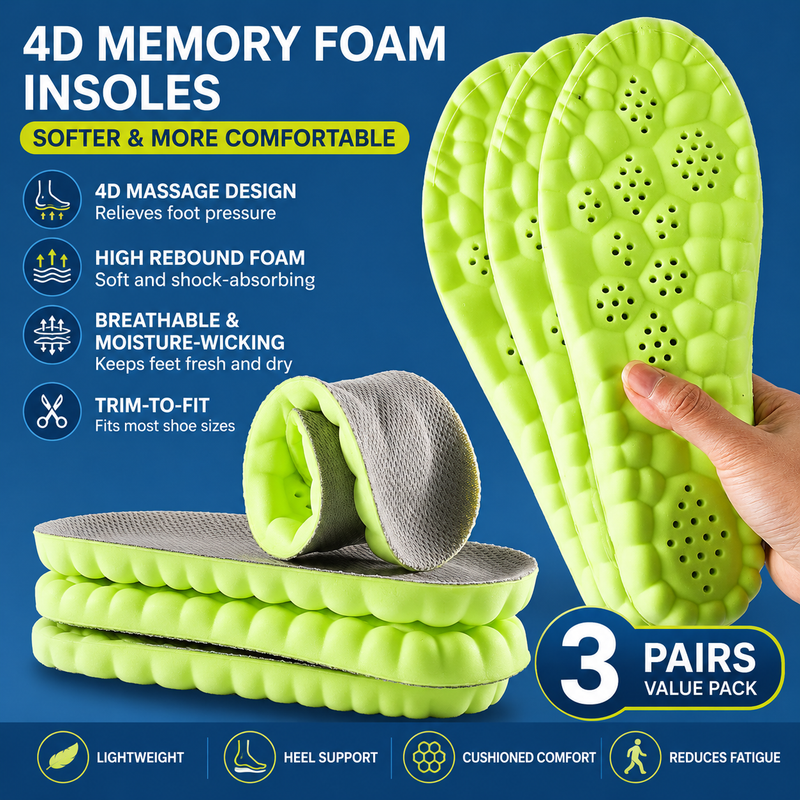 3 Pairs Green and Grey 4D Cloud Insoles for Men and Women Insoles Super Soft Anti-Fatigue, Shock Absorption, Relieve Foot Pain  (AU 10–11)