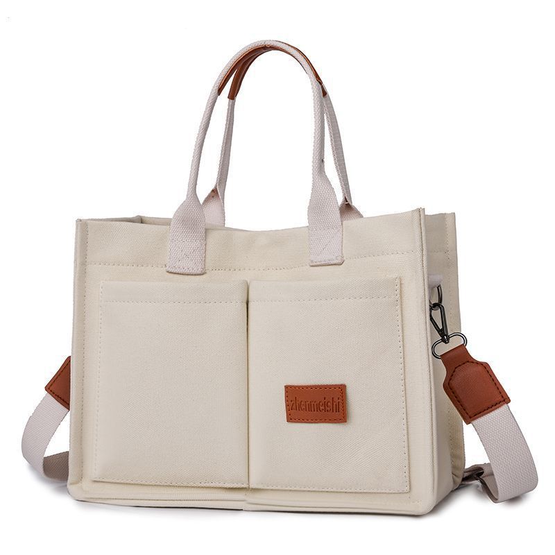 Beige Large Canvas Tote Bag for Women - Multi-Pocket Utility Organiser with Wide Adjustable Shoulder Strap - Trendy Crossbody and Handheld Bag for Work, Shopping and Travel - Daily Comfort Solution Kemu |Fashion Home Kitchen Beauty