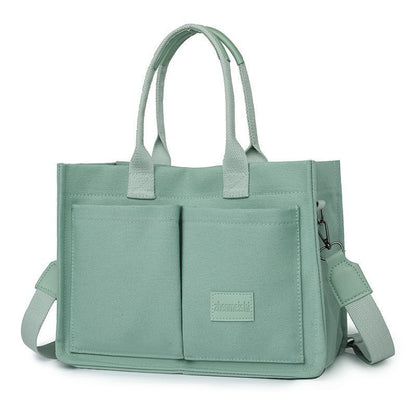 Green Large Canvas Tote Bag for Women - Multi-Pocket Utility Organiser with Wide Adjustable Shoulder Strap - Trendy Crossbody and Handheld Bag for Work, Shopping and Travel - Daily Comfort Solution Kemu |Fashion Home Kitchen Beauty