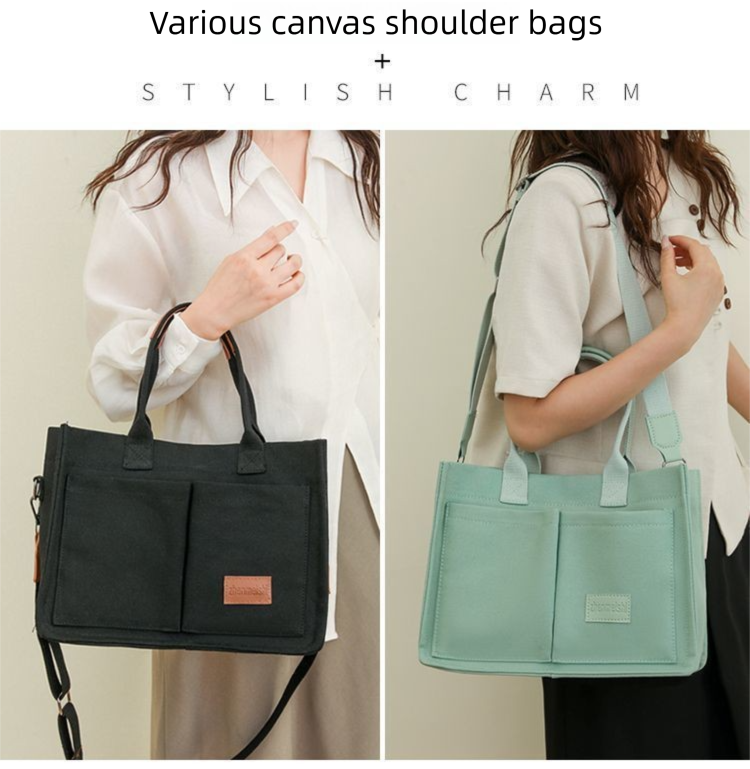 Dark blue Large Canvas Tote Bag for Women - Multi-Pocket Utility Organiser with Wide Adjustable Shoulder Strap - Trendy Crossbody and Handheld Bag for Work, Shopping and Travel - Daily Comfort Solution Kemu |Fashion Home Kitchen Beauty