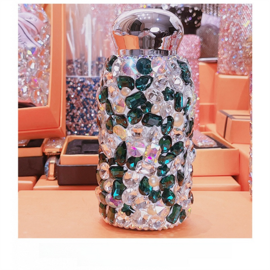 Green Square Crystal Handmade Luxury Diamond Insulated Water Bottle – Bling Rhinestone 304 Stainless Steel Pocket Mug (260ml) Kemu |Fashion Home Kitchen Beauty