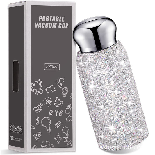 White Handmade Luxury Diamond Insulated Water Bottle – Bling Rhinestone 304 Stainless Steel Pocket Mug (260ml) Kemu |Fashion Home Kitchen Beauty