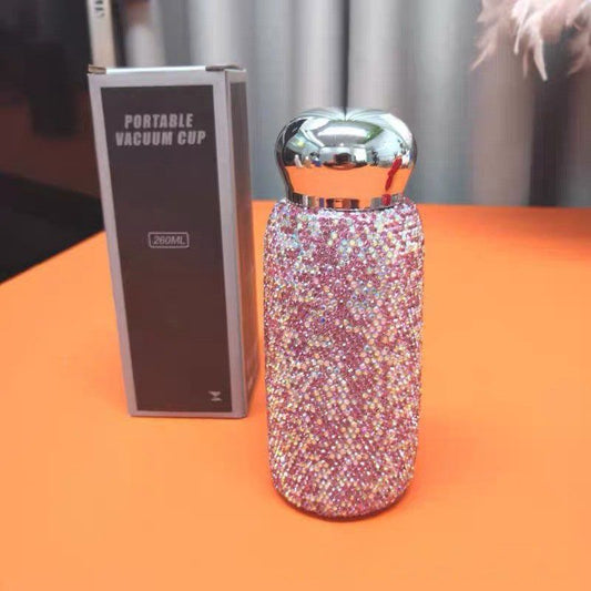 Pink Handmade Luxury Diamond Insulated Water Bottle – Bling Rhinestone 304 Stainless Steel Pocket Mug (260ml) Kemu |Fashion Home Kitchen Beauty