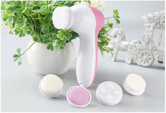 Pink 5-in-1 Electric Facial Cleansing Brush - Rotating Face Scrubber with 5 Interchangeable Heads for Deep Pore Cleaning, Exfoliating & Massaging - Battery Operated (2 x AA, Not Included) Kemu |Fashion Home Kitchen Beauty
