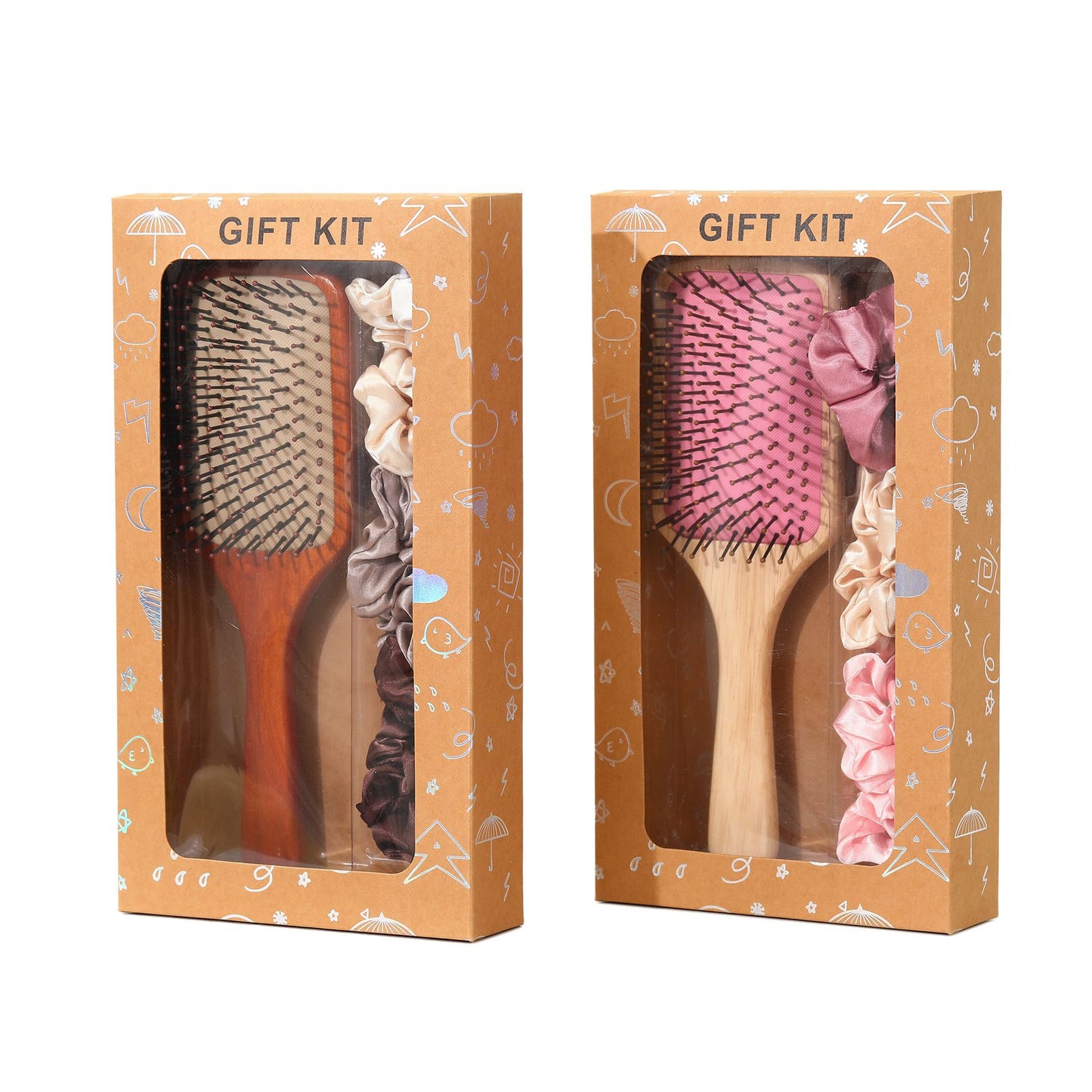 Pink Paddle Hair Brush Gift Set with Satin Scrunchies - Cushion Airbag Design for Scalp Massage and Detangling, Gift Ready Pack for Women and Girls, Ideal for Daily Hair Care and Styling