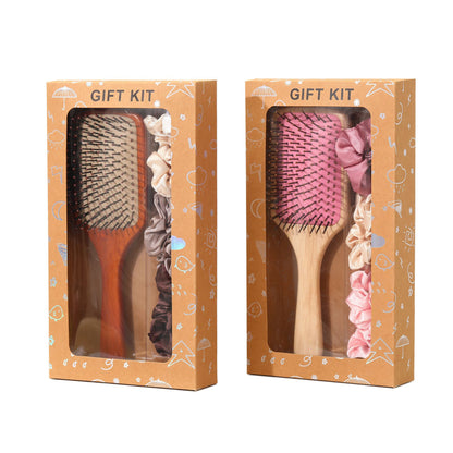 Pink Paddle Hair Brush Gift Set with Satin Scrunchies - Cushion Airbag Design for Scalp Massage and Detangling, Gift Ready Pack for Women and Girls, Ideal for Daily Hair Care and Styling
