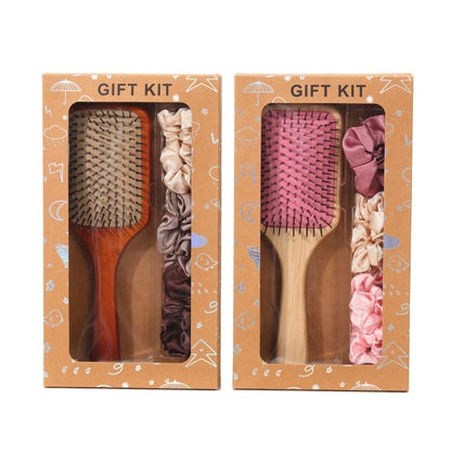 Yellow Paddle Hair Brush Gift Set with Satin Scrunchies - Cushion Airbag Design for Scalp Massage and Detangling, Gift Ready Pack for Women and Girls, Ideal for Daily Hair Care and Styling