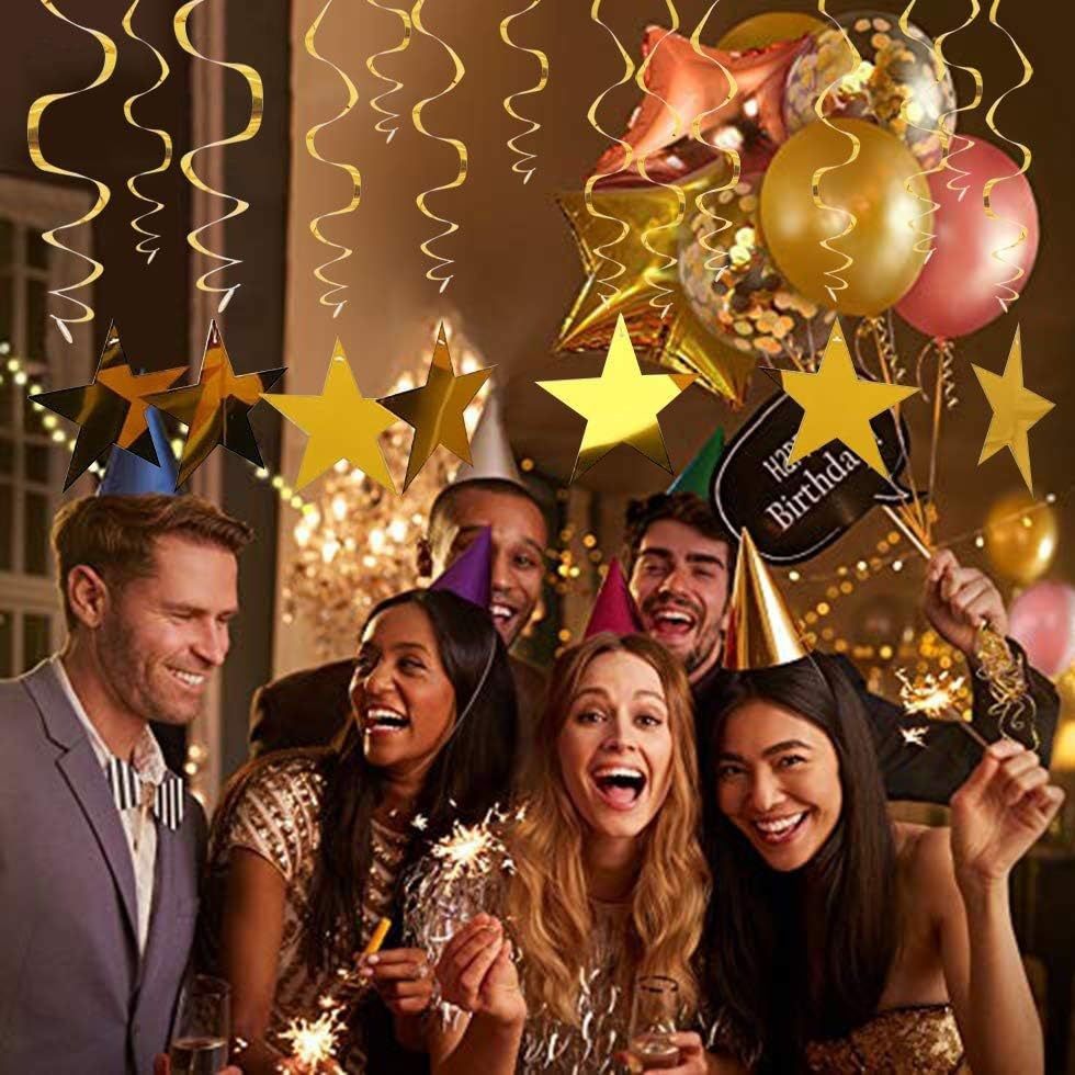 30-Piece Set for Golden and Silvery and Black Star Spiral Hanging Decorations - Kids Birthday, Wedding, Graduation, and Party Ceiling Decoration - Festive Swirl Streamers, Easy Hang Party Supplies