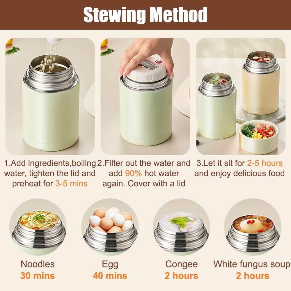 Green 800ml Stainless Steel Thermal Stew Jar Portable Insulated Lunch Pot with Handle – Vacuum Insulated Soup Container(Foldable model) Kemu |Fashion Home Kitchen Beauty