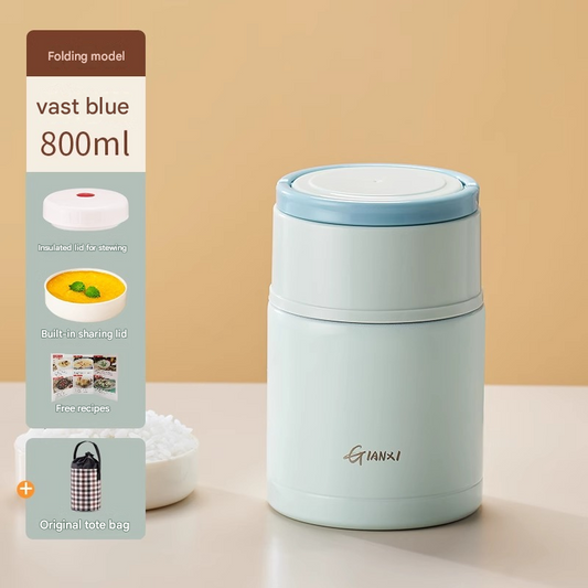 Blue 800ml Stainless Steel Thermal Stew Jar Portable Insulated Lunch Pot with Handle – Vacuum Insulated Soup Container(Foldable model) Kemu |Fashion Home Kitchen Beauty