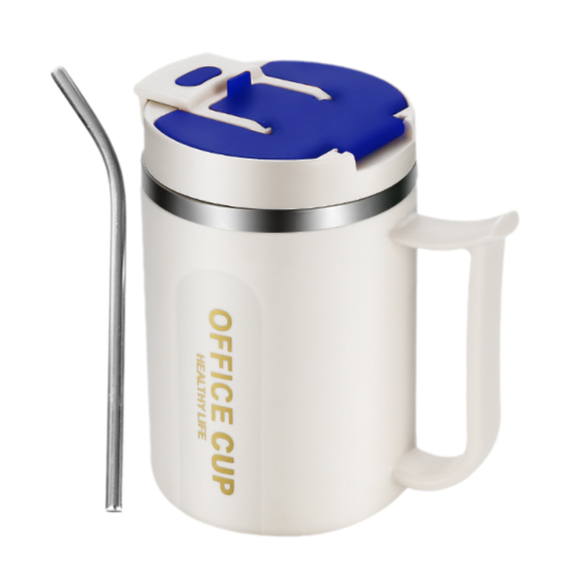 White and Blue 16oz Stainless Steel Office Mug with Phone Stand Lid, Straw and Spoon - 500ML Double Wall Insulated Coffee Cup, Wide Handle and 3 Drinking Ways Kemu |Fashion Home Kitchen Beauty