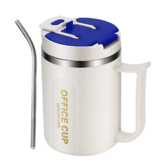 White and Blue 16oz Stainless Steel Office Mug with Phone Stand Lid, Straw and Spoon - 500ML Double Wall Insulated Coffee Cup, Wide Handle and 3 Drinking Ways Kemu |Fashion Home Kitchen Beauty