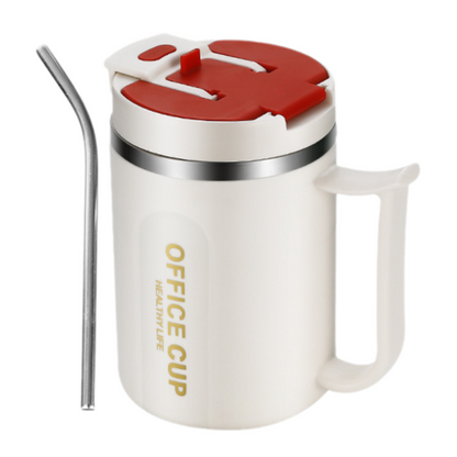 White and Red 16oz Stainless Steel Office Mug with Phone Stand Lid, Straw and Spoon - 500ML Double Wall Insulated Coffee Cup, Wide Handle and 3 Drinking Ways Kemu |Fashion Home Kitchen Beauty