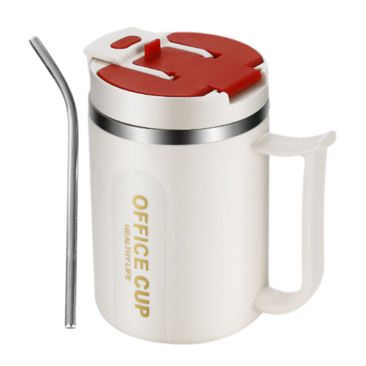 White and Red 16oz Stainless Steel Office Mug with Phone Stand Lid, Straw and Spoon - 500ML Double Wall Insulated Coffee Cup, Wide Handle and 3 Drinking Ways Kemu |Fashion Home Kitchen Beauty