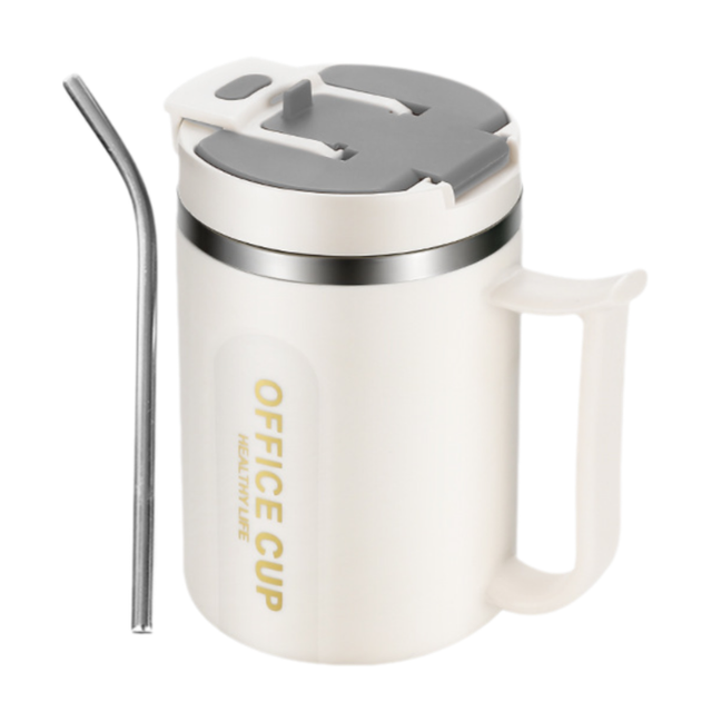 White and Grey 16oz Stainless Steel Office Mug with Phone Stand Lid, Straw and Spoon - 500ML Double Wall Insulated Coffee Cup, Wide Handle and 3 Drinking Ways Kemu |Fashion Home Kitchen Beauty