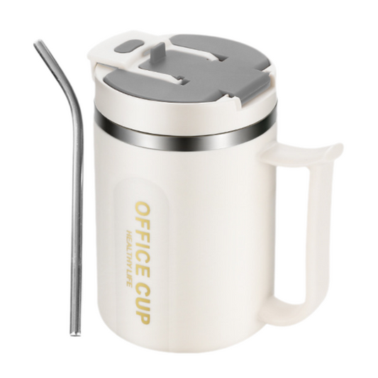 White and Grey 16oz Stainless Steel Office Mug with Phone Stand Lid, Straw and Spoon - 500ML Double Wall Insulated Coffee Cup, Wide Handle and 3 Drinking Ways Kemu |Fashion Home Kitchen Beauty