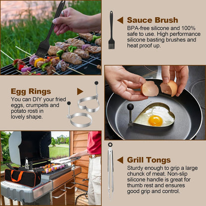 15-Piece Stainless Steel BBQ Griddle Tools and 3-Row Grill Cleaning Wire Brush Set, Portable Outdoor Barbecue Accessories Kit with 4 Spatulas, Tongs, Scraper, Heart / Round Egg Rings, 2 Oil Bottles and Storage Bag