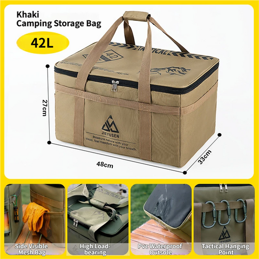 42L Collapsible Outdoor Tactical Organizer, Oxford Fabric Large Capacity Camping Gear Storage Bin with Waterproof PVC Base & Hanging Webbing for Picnic, Hiking, Camping & Kitchen Utensils, Khaki 38 x 26 x 30cm Kemu |Fashion Home Kitchen Beauty
