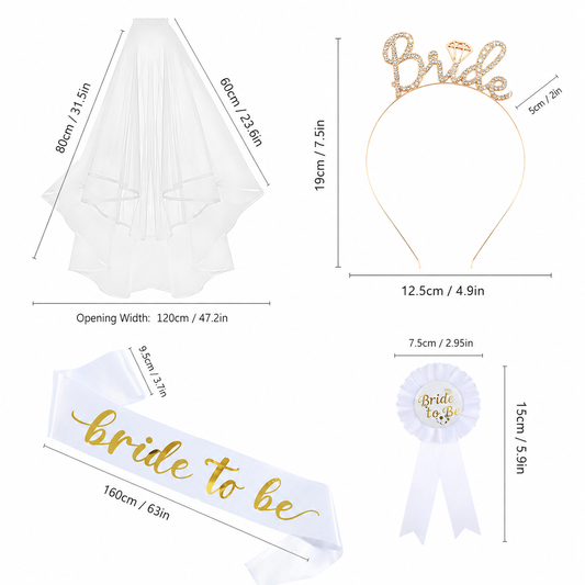 White and Silver Bride to Be Bachelorette Party Accessory Set, 4 Piece Bridal Shower Accessories Kit with Rhinestone Headband, Sash, Badge and Double Layer Veil with Comb Kemu |Fashion Home Kitchen Beauty