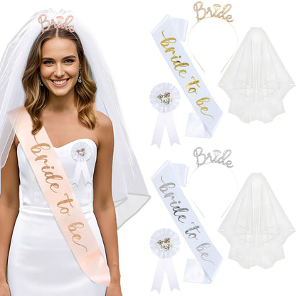 White and Silver Bride to Be Bachelorette Party Accessory Set, 4 Piece Bridal Shower Accessories Kit with Rhinestone Headband, Sash, Badge and Double Layer Veil with Comb