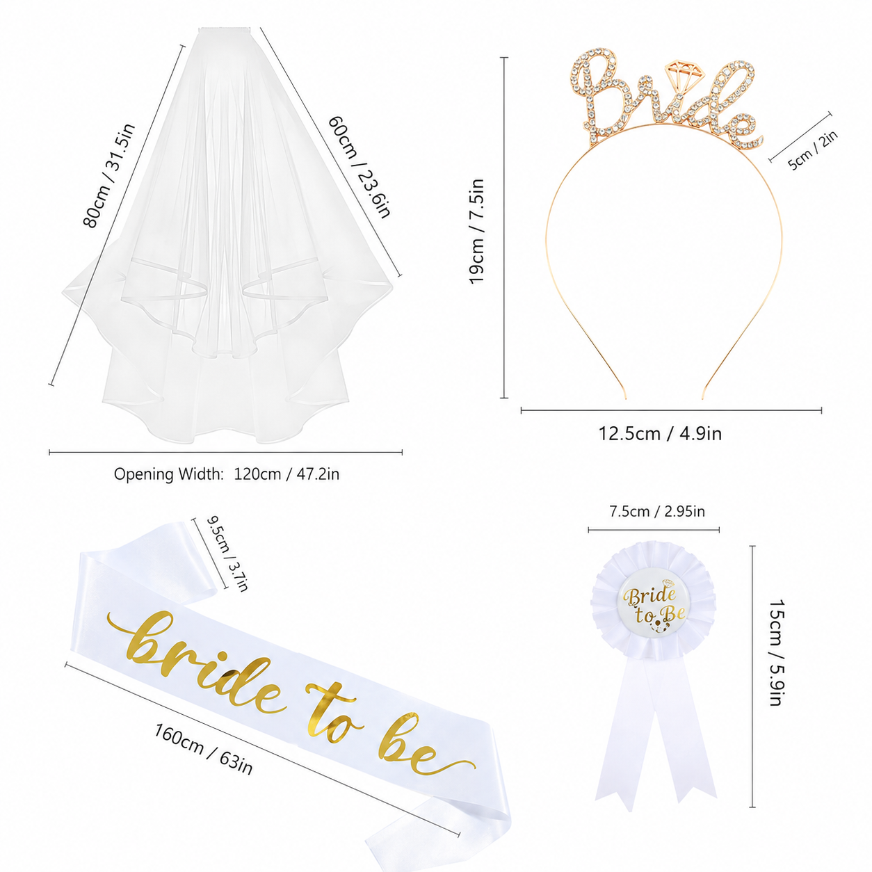 Pink and Gold Bride to Be Bachelorette Party Accessory Set, 4 Piece Bridal Shower Accessories Kit with Rhinestone Headband, Sash, Badge and Double Layer Veil with Comb