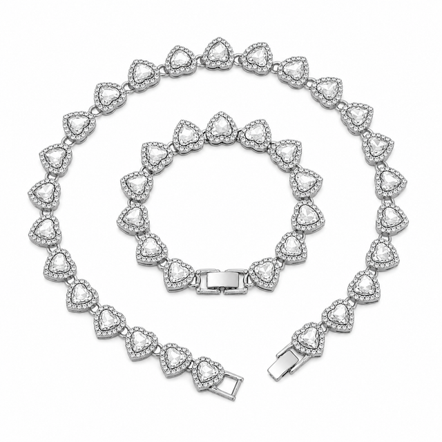 Silver-Plated Heart Rhinestone Cuban Link 18 inch Tennis Necklace and 7 inch Tennis Bracelet Set for Women, Crystal Heart Chain Fashion Jewelry Accessories with Gift Box Kemu |Fashion Home Kitchen Beauty