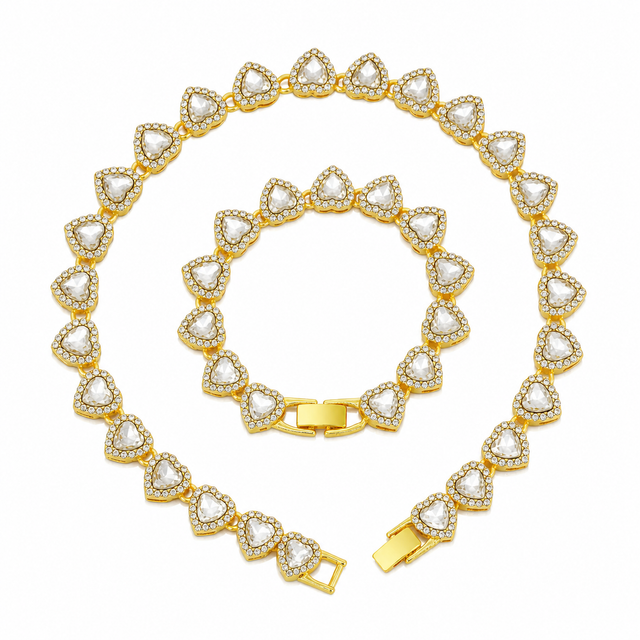 Gold-Plated Heart Rhinestone Cuban Link 18 inch Tennis Necklace and 7 inch Tennis Bracelet Set for Women, Crystal Heart Chain Fashion Jewelry Accessories with Gift Box Kemu |Fashion Home Kitchen Beauty