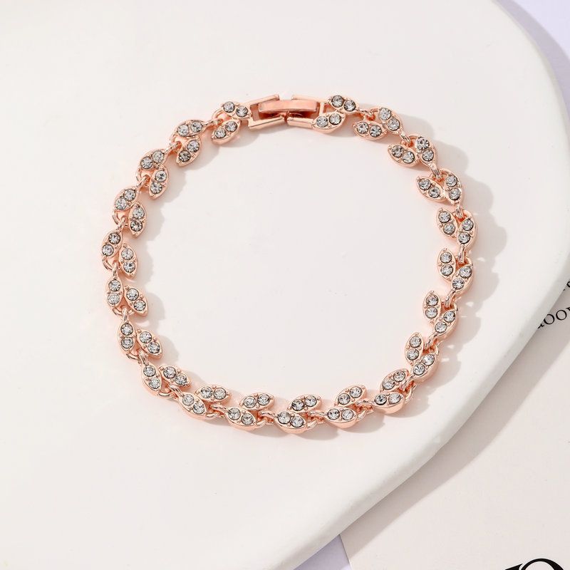 2 Pack Silver and Rose Gold Women's Crystal Leaf Bracelets with Gift Box – Elegant Rhinestone Alloy Link Bracelet, Minimalist Fashion Jewelry Gift for Women