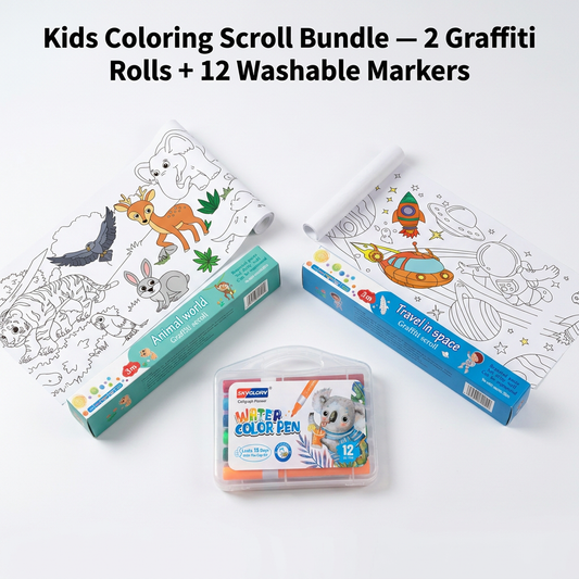 2PCS Kids 3M Giant Coloring Rolls and 12 Colors Washable Soft Tip Markers Set – Space Adventure + Animal World Theme, Repositionable & Croppable Extra-Long Coloring Paper, DIY Drawing & Craft Activity Kit