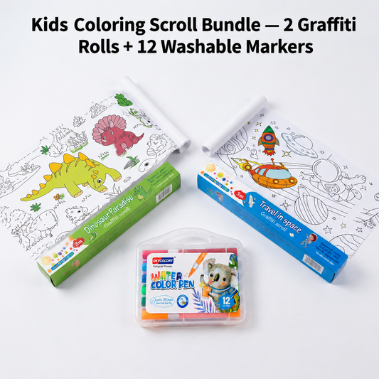 2PCS Kids 3M Giant Coloring Rolls and 12 Colors Washable Soft Tip Markers Set – Space Adventure + Dinosaur World Theme, Repositionable & Croppable Extra-Long Coloring Paper, DIY Drawing & Craft Activity Kit