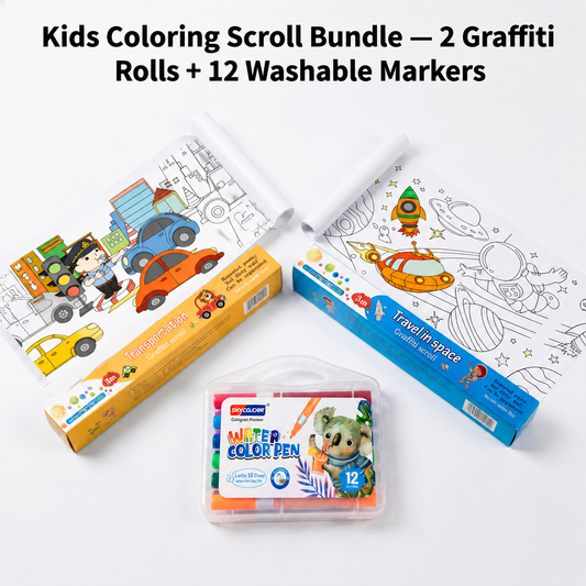 2PCS Kids 3M Giant Coloring Rolls and 12 Colors Washable Soft Tip Markers Set – Space Adventure + Transportation Theme, Repositionable & Croppable Extra-Long Coloring Paper, DIY Drawing & Craft Activity Kit