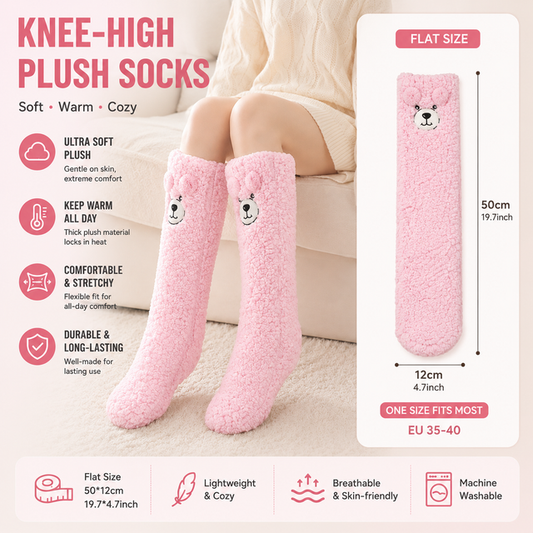 Pink Winter Women’s Cute Bear Plush Knee High Slipper Socks – Warm Fleece Floor Socks and Sleeping Socks with Non-Slip Grips, One Size for EU 35-40