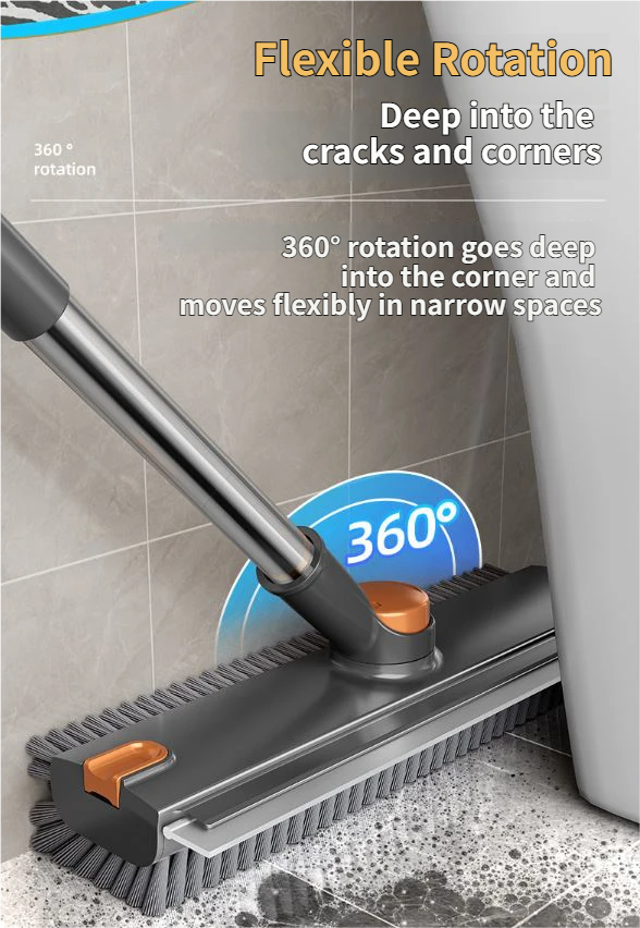 Grey and Orange 360°Rotating Detachable V-Shaped Floor Scrub Brush for Indoor & Outdoor Use – 3-in-1 Groove Corner Gap Cleaning Tool with Silicone Squeegee, 134CM Stainless Steel Telescopic Handle and Collection Clip