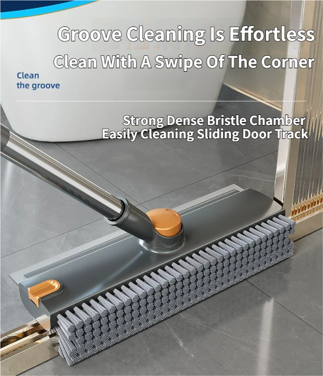 Grey and Orange 360°Rotating Detachable V-Shaped Floor Scrub Brush for Indoor & Outdoor Use – 3-in-1 Groove Corner Gap Cleaning Tool with Silicone Squeegee, 134CM Stainless Steel Telescopic Handle and Collection Clip