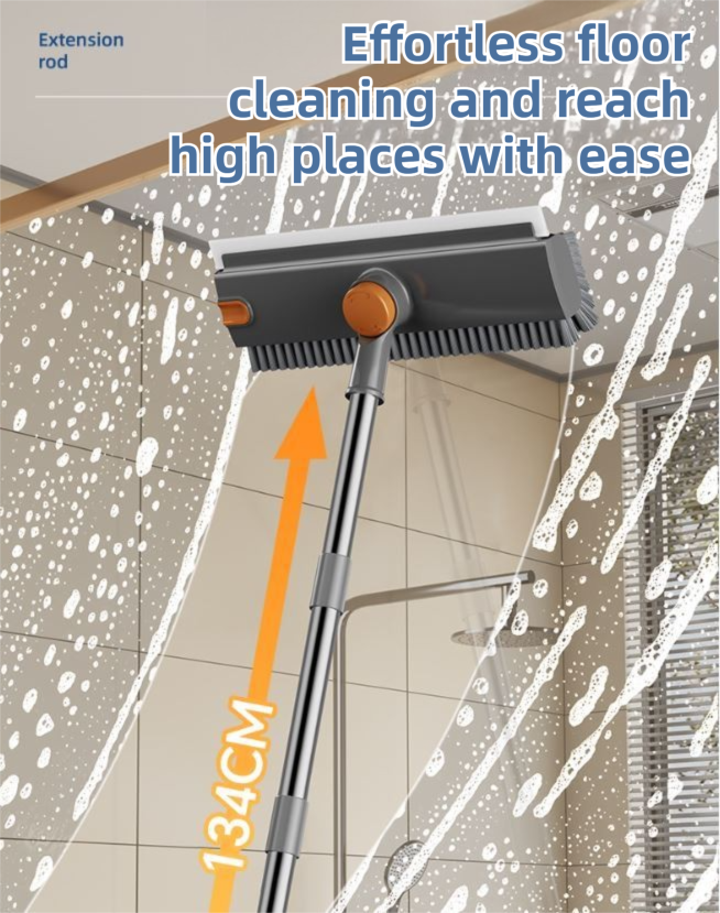 Grey and Orange 360°Rotating Detachable V-Shaped Floor Scrub Brush for Indoor & Outdoor Use – 3-in-1 Groove Corner Gap Cleaning Tool with Silicone Squeegee, 134CM Stainless Steel Telescopic Handle and Collection Clip