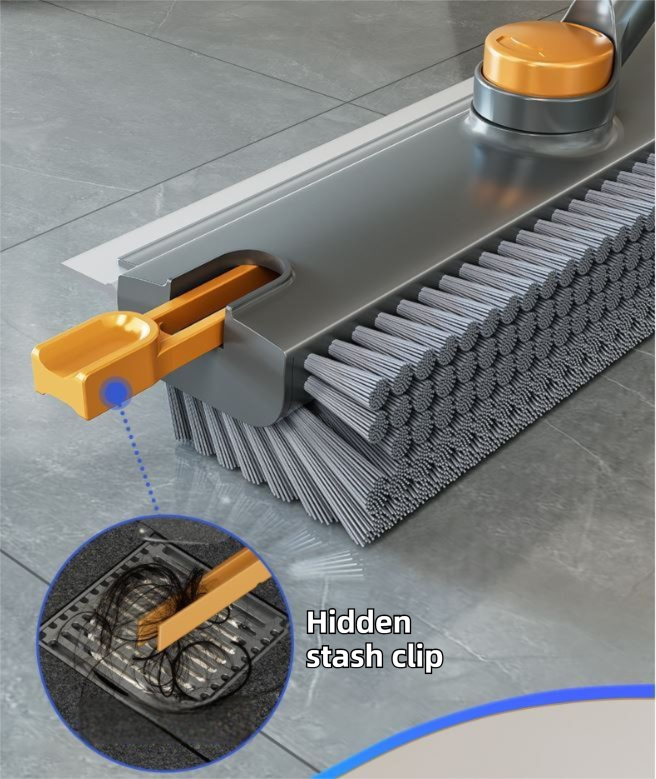 Grey and Orange 360°Rotating Detachable V-Shaped Floor Scrub Brush for Indoor & Outdoor Use – 3-in-1 Groove Corner Gap Cleaning Tool with Silicone Squeegee, 134CM Stainless Steel Telescopic Handle and Collection Clip