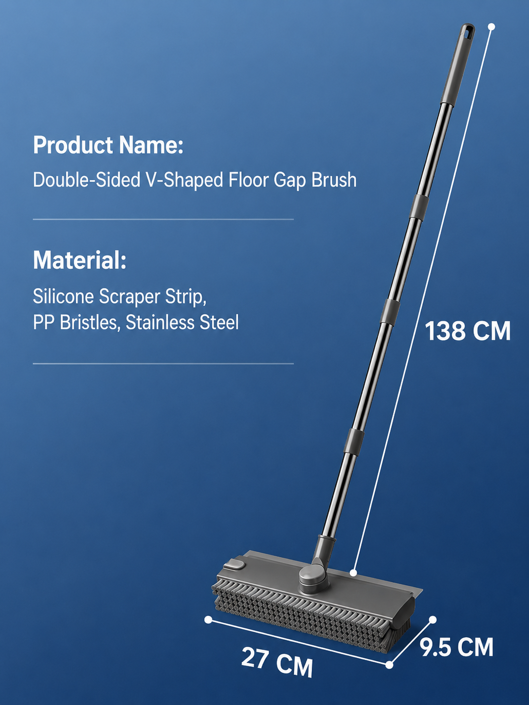 2-Piece Deep Cleaning Floor Brush and Mini Detail Gap Brush Set for Large Surfaces & Tight Gaps – Grey White Heavy Duty 360° Rotating V-Shaped Floor Scrubber with Silicone Squeegee and 134CM Telescopic Handle for Outdoor & Indoor Use
