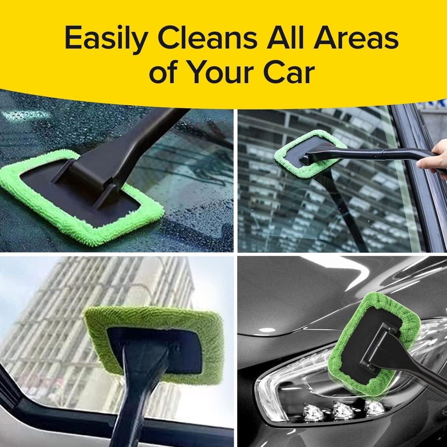 Car Windshield Rotating Defogger Cleaner Brush with 4-Color Washable Microfibre Pads, Spray Bottle and Detachable Handle for Home Car Fog Dust Stain Removal