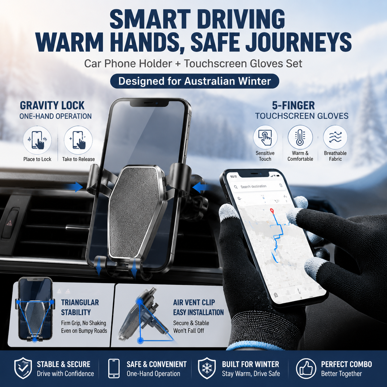 2-Piece Winter Car Safety & Comfort Driving Set with Car Air Vent Gravity Phone Holder and Warm Five-Finger Touchscreen Gloves – One Hand Auto Grip, Triangle Stability & Gravity Locking, All-Season Esports Conductive Touchscreen Gloves Kemu |Fashion Home Kitchen Beauty