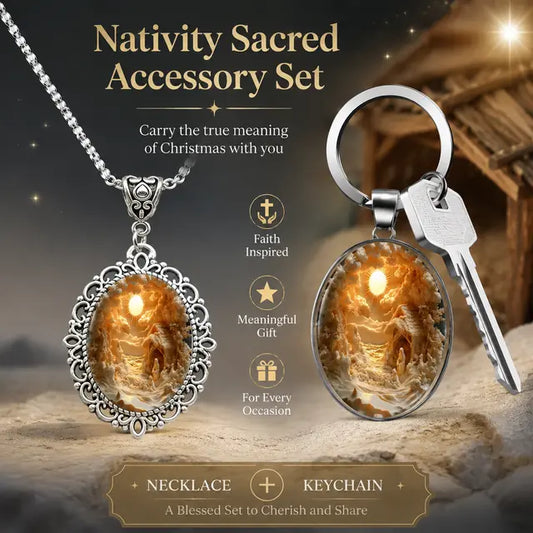 3D Nativity Scene Silver Pendant Necklace & Keyring Set with Gift Box – Christmas Glass Cabochon & Alloy Jewellery Combo for Men and Women Kemu |Fashion Home Kitchen Beauty