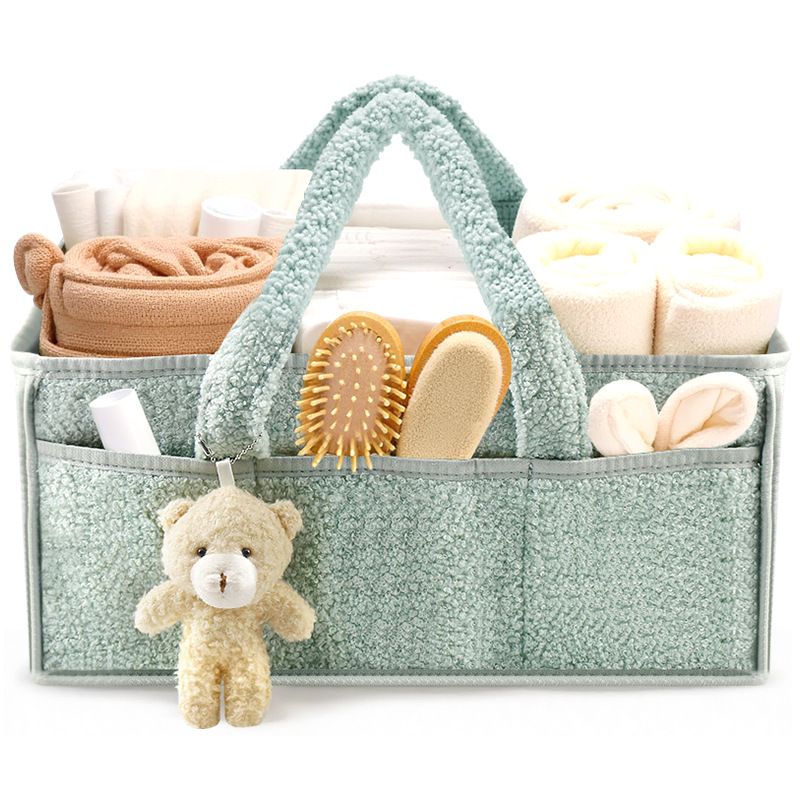 Light Green Large Capacity Plush Baby Diaper Caddy Storage Tote, Foldable Nursery Organizer Bag and Mommy Handbag with Muti Pockets, 4 Adjustable Dividers and Teddy Charm for Travel & Home Use (15.3 x 10.6 x 7") Kemu |Fashion Home Kitchen Beauty