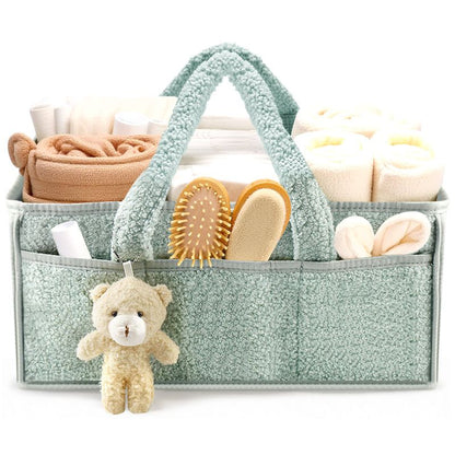 Light Green Large Capacity Plush Baby Diaper Caddy Storage Tote, Foldable Nursery Organizer Bag and Mommy Handbag with Muti Pockets, 4 Adjustable Dividers and Teddy Charm for Travel & Home Use (15.3 x 10.6 x 7") Kemu |Fashion Home Kitchen Beauty