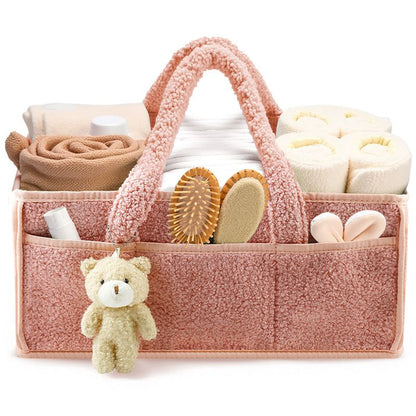 Pink Large Capacity Plush Baby Diaper Caddy Storage Tote, Foldable Nursery Organizer Bag and Mommy Handbag with Muti Pockets, 4 Adjustable Dividers and Teddy Charm for Travel & Home Use (15.3 x 10.6 x 7") Kemu |Fashion Home Kitchen Beauty