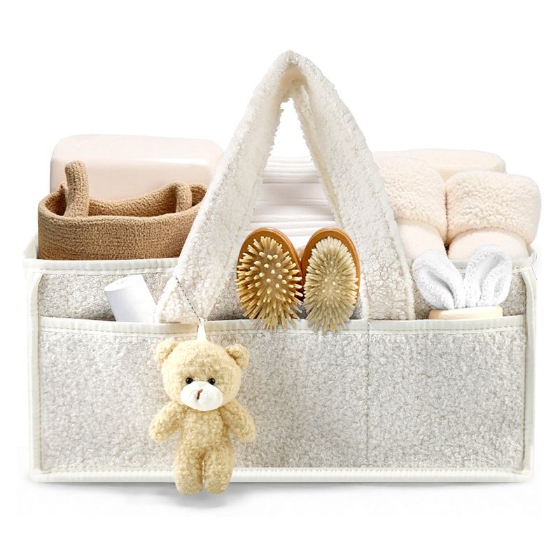 White Large Capacity Plush Baby Diaper Caddy Storage Tote, Foldable Nursery Organizer Bag and Mommy Handbag with Muti Pockets, 4 Adjustable Dividers and Teddy Charm for Travel & Home Use (15.3 x 10.6 x 7") Kemu |Fashion Home Kitchen Beauty